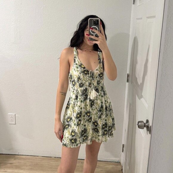 Free People Green Floral Print Criss-Cross Summer Gauze Mini‎ Dress Small S - Picture 1 of 8
